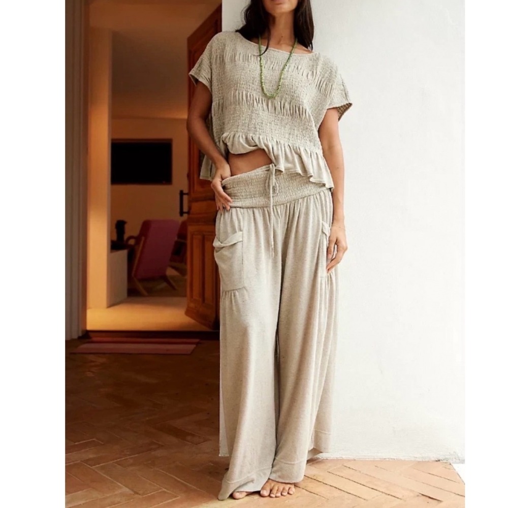 Free People FP Beach Riley Set Snowing Smocked Top Wide Leg Pants 2PC Small